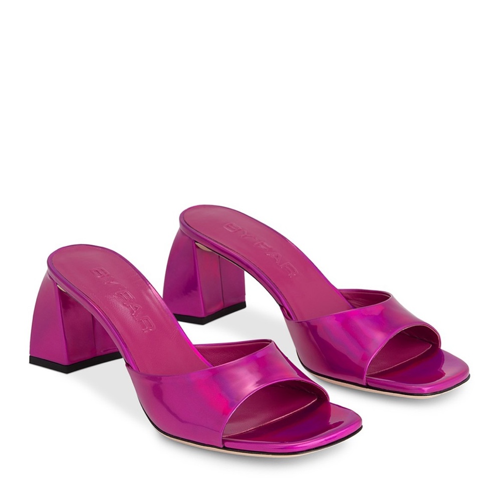 BY FAR Romy Lac Square Toe Block Heel Sandals Iridescent Fuchsia Size 37 NWT